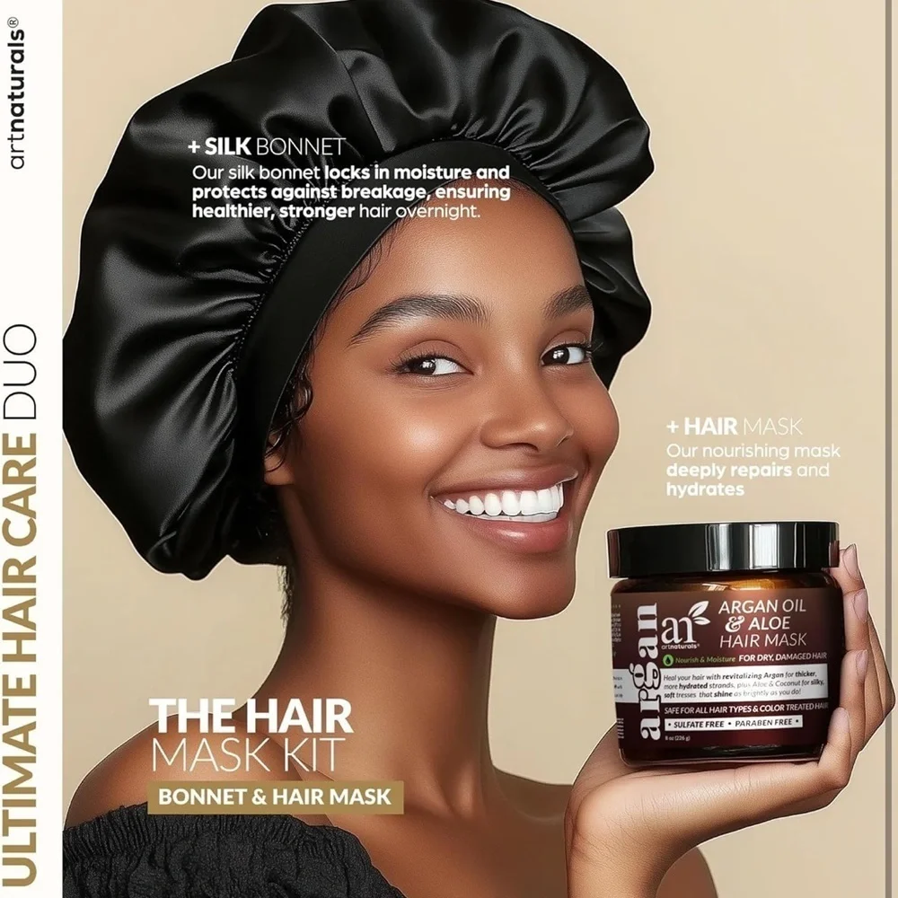 Hair Mask & Silk Bonnet Sleeping Set, Deep Conditioner Leave-In Dry Dama…​​​